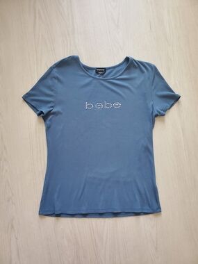 Bebe Slate Blue Short Sleeve Tee with Rhinestone Logo
